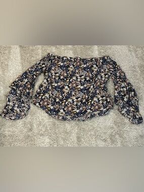 Entro Off-Shoulder Ruffle Bell Sleeve Navy Floral Blouse